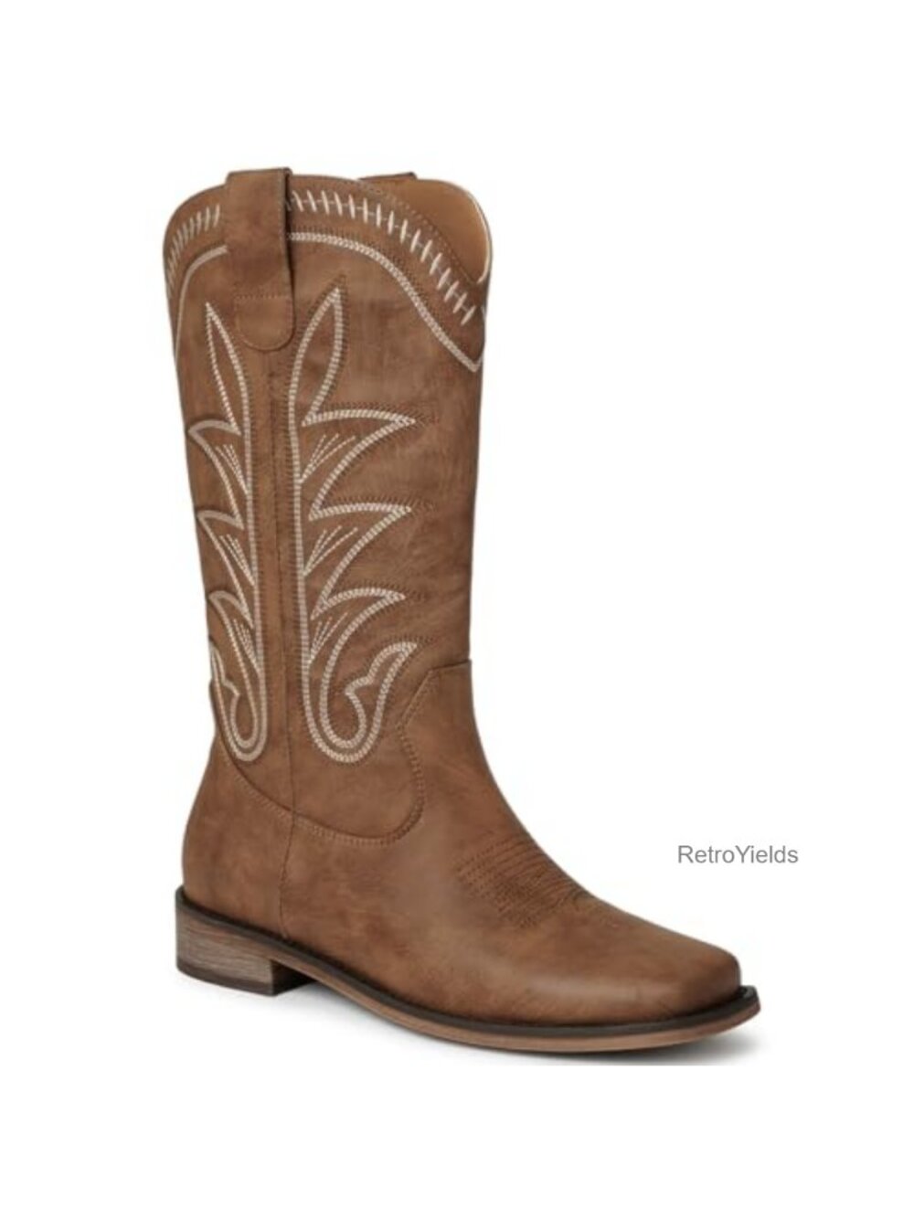 Women's Square Toe Mid Calf Western Cowboy Boots Chunky Heel